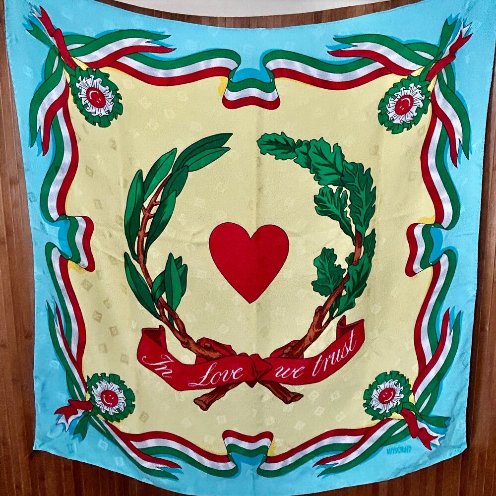 Vintage 1991 Moschino Cheap and Chic Silk Scarf In Love We Trust